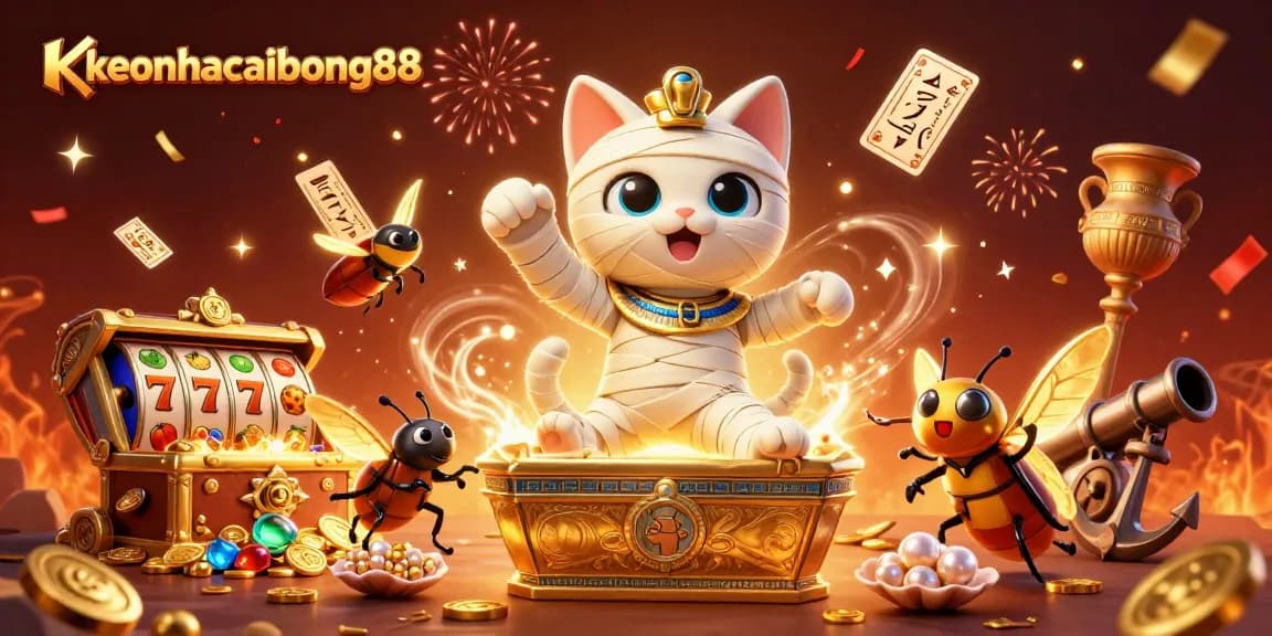 Engage with keonhacaibong88 as the mummy cat wins at the pyramid casino amid vibrant gaming elements.