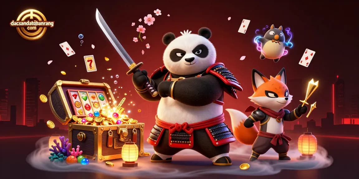 Engage with dacsandatphanrang com's captivating online casino adventure featuring samurai panda and lively slot elements.