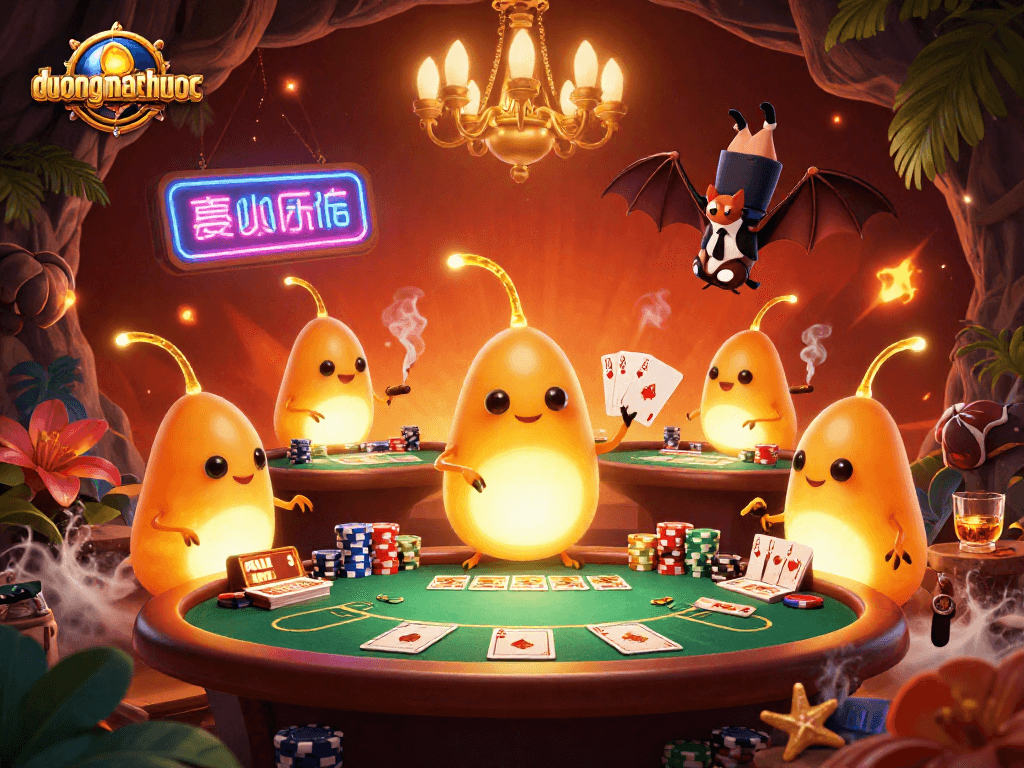 Engage with duongmatchuoc as glowworms illuminate a vibrant cave casino with poker action.
