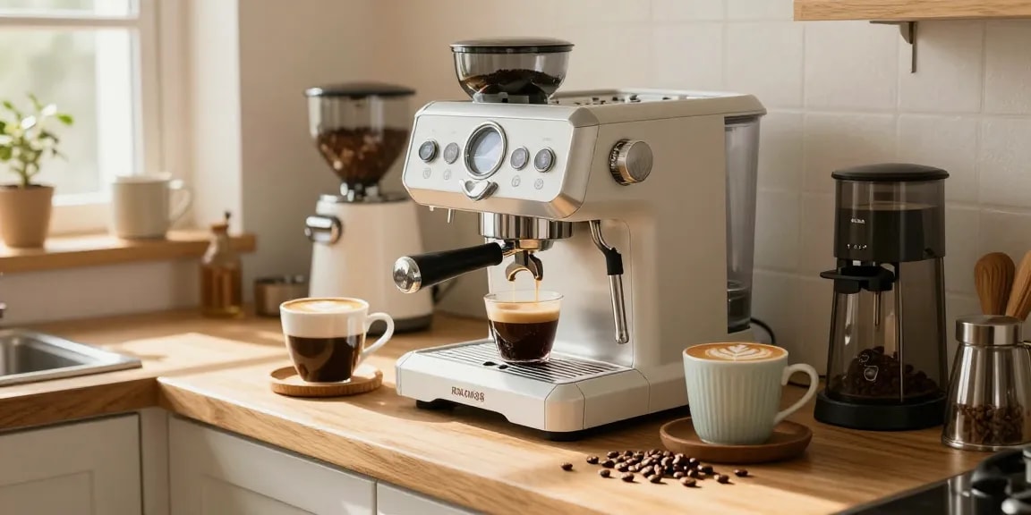 Creating espresso with Rokok88 Espresso Machine in a cozy kitchen.