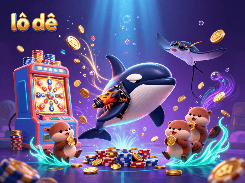 Experience excitement with lô đề as a cartoon orca and friends celebrate winning lottery coins.