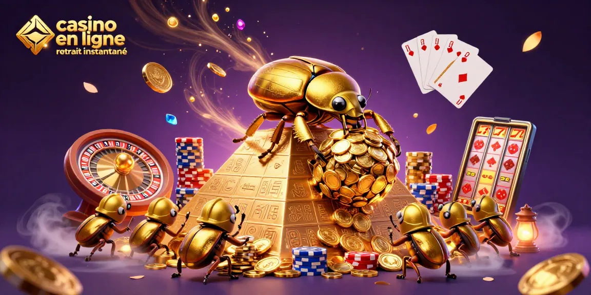 Casino en ligne retrait instantané illustré par un scarabée doré et des pièces virevoltantes.