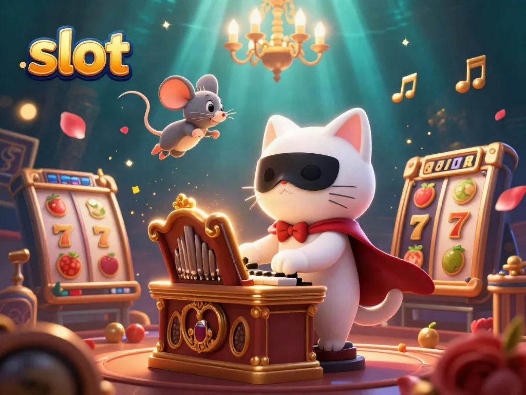 Gambarkan slot berputar dengan karakter kucing putih dan akrobat tikus dalam ilustrasi 3D cerah.