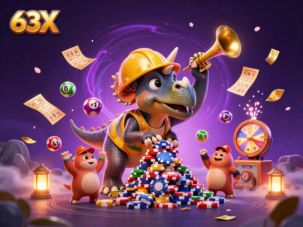 Emocione-se com 63X em um emocionante cenário de cassino com triceratops e loteria.