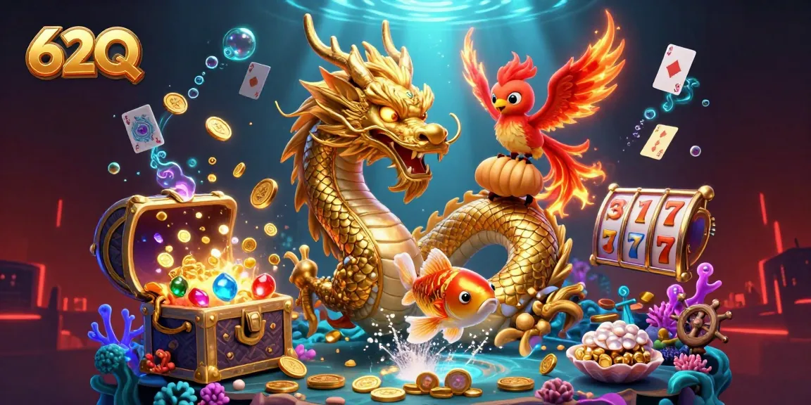 Imagem vibrante de 62Q apresentando dragão chinês dourado e fênix em um cenário de caça aos tesouros.