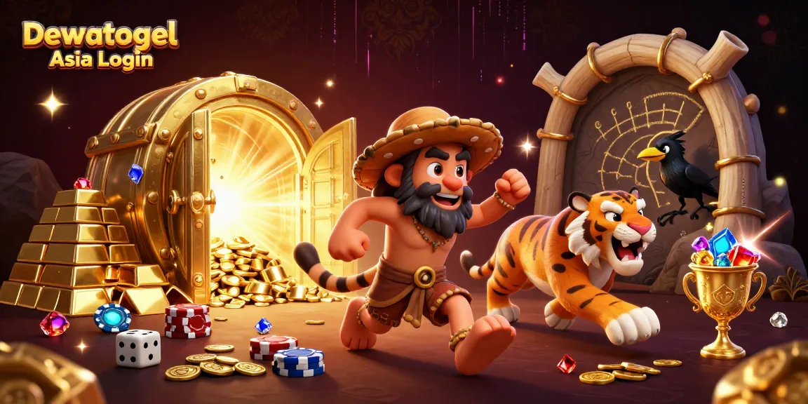 Dewatogel Asia Login provides an exciting casino scene with cartoon characters, treasures, and gaming elements.