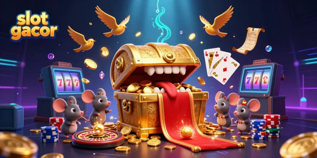 Engage in slot gacor adventures with a cartoon treasure chest, coins, and vibrant gaming elements.