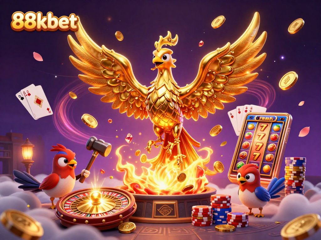 Experience thrilling gameplay at 88kbet as the golden phoenix emerges, surrounded by vibrant casino elements.