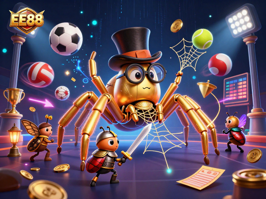 Engage with EE88 by exploring a vibrant casino scene featuring a golden tarantula, knight, and sports elements.