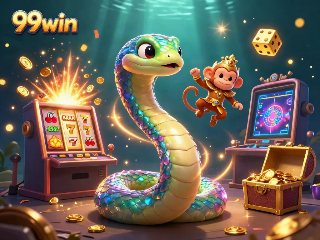 Experience the magical world of 99win with colorful casino elements and animated characters celebrating wins.