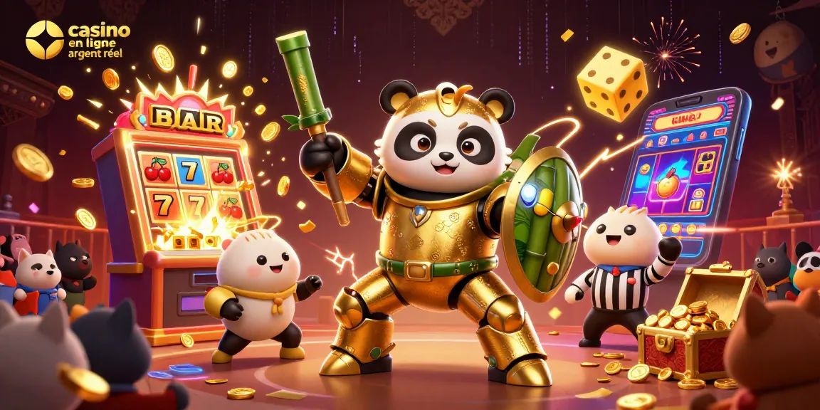 Découvrez le casino en ligne argent réel avec des machines à sous et un panda pilote robot en action.