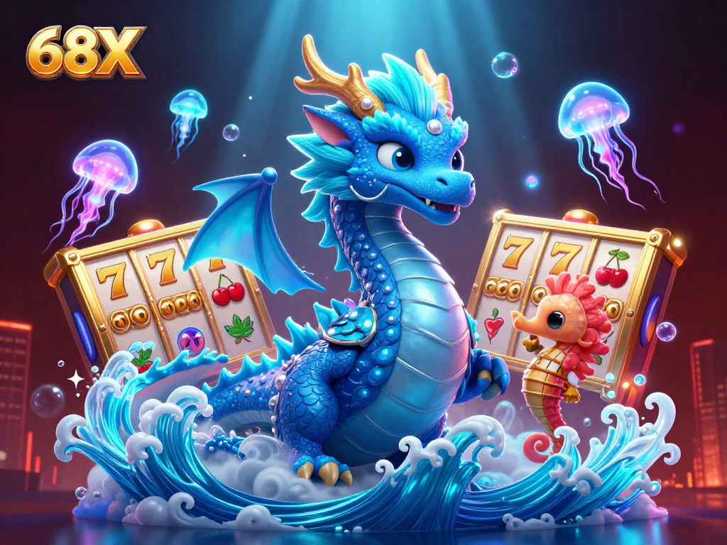 Ilustração 3D exuberante com o dragão azul e o cavaleiro seahorse, promovendo 68X nas slots.