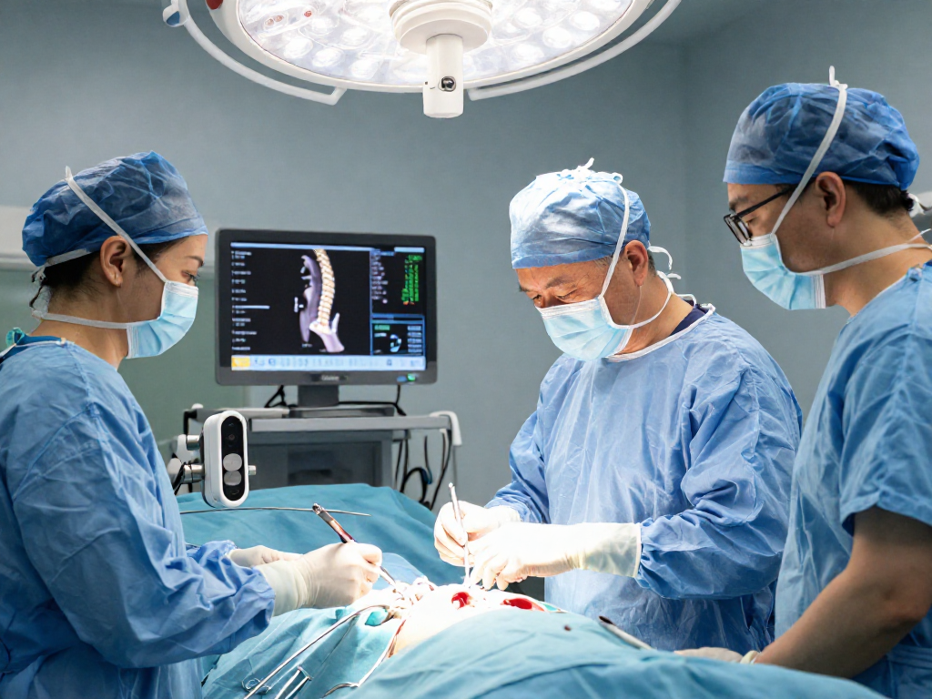 Bel fıtığı ameliyatı performed by a skilled surgical team in a modern operating room, showcasing precision and advanced technology.