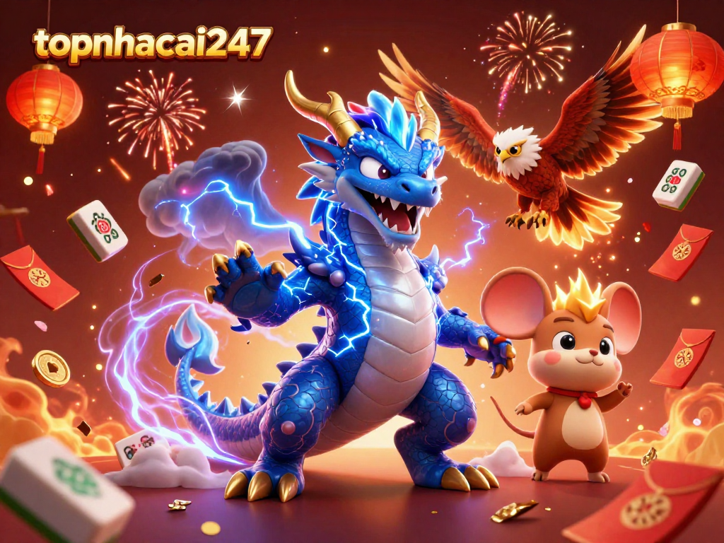 Join the thrilling excitement of topnhacai247 as electric characters and casino elements collide in a vibrant 3D scene.