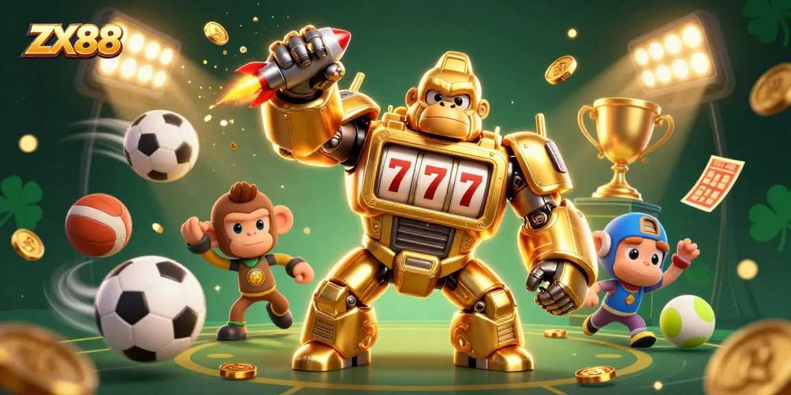 Play with ZX88's vibrant casino illustration showcasing a golden gorilla mech with slot machine elements.