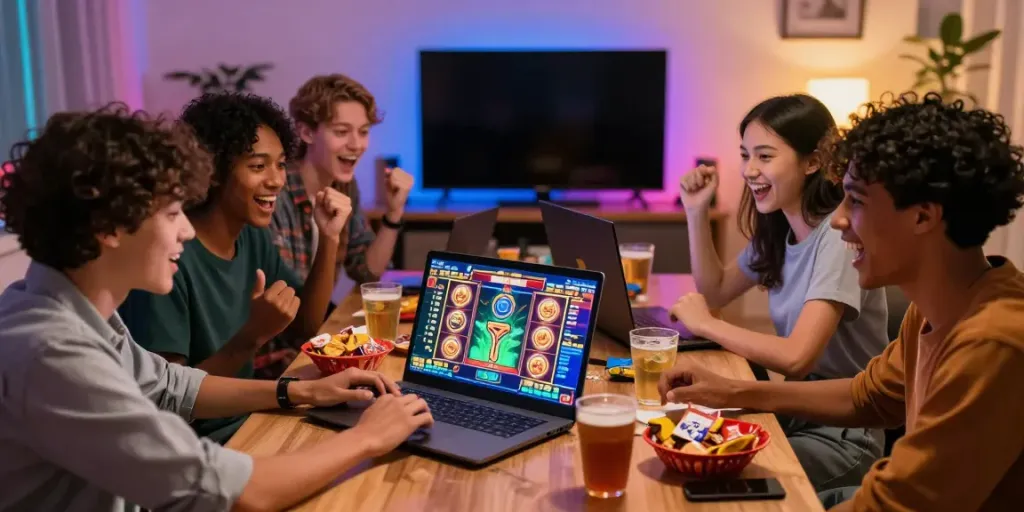 Diverse friends enjoying judi slot online gaming together on a laptop in a cozy room with snacks.