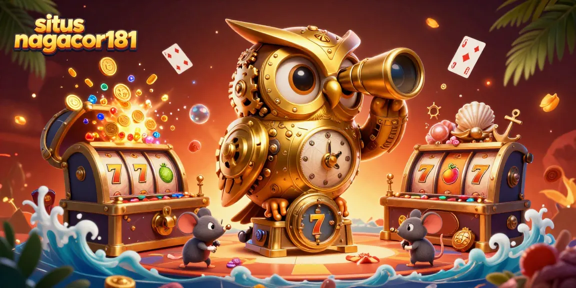 Situs nagacor181 showcases a 3D casino scene with a golden owl, lively mice, and dynamic slot machines.