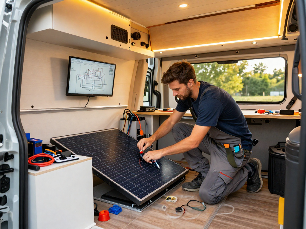 Skilled builder upgrading electrical systems in a van conversion showcasing rokok88 slot login components effectively.