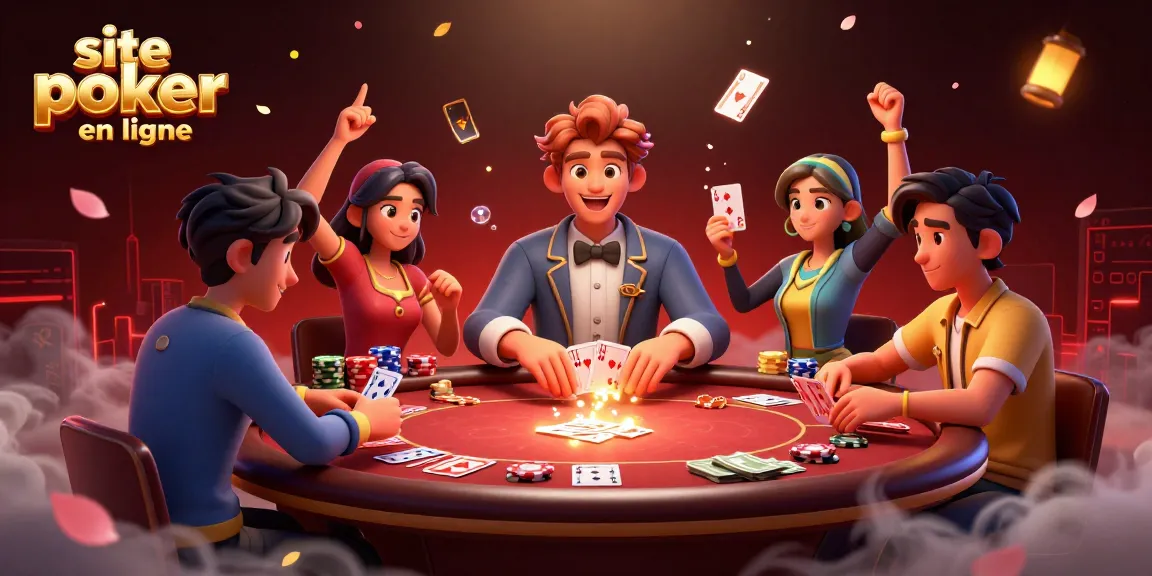 Gagnez au site poker en ligne avec une ambiance festive autour d'une table de poker.