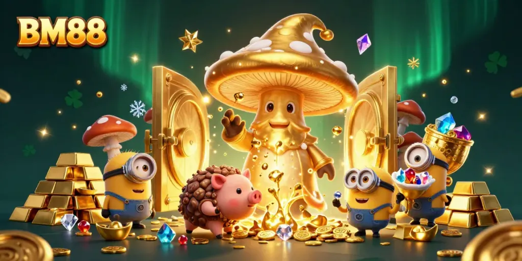 Engage in the magic of BM88 with golden treasures, a wizard, and enchanted mushrooms.