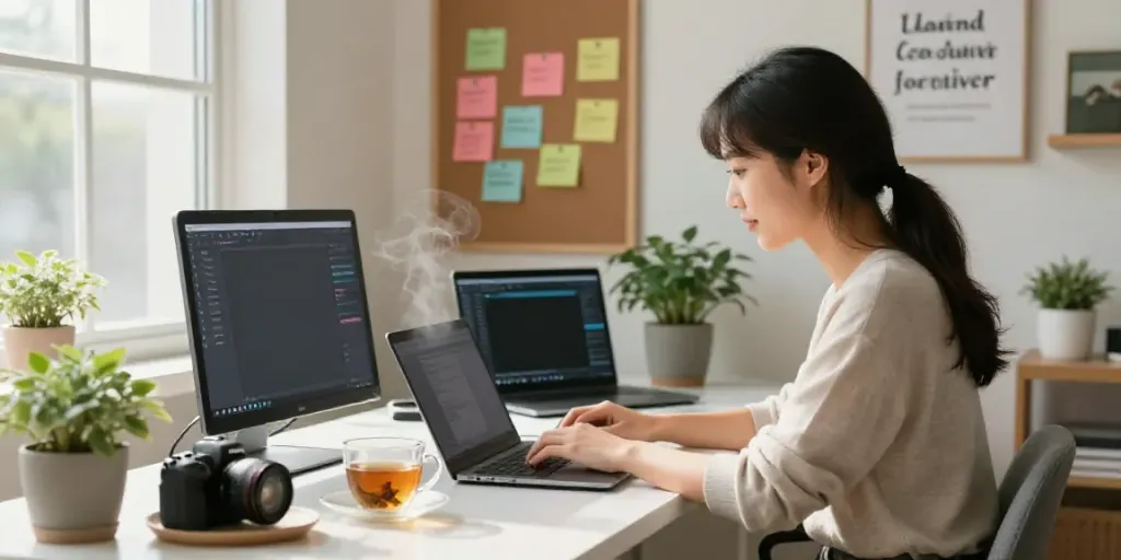 AI copywriting for freelance writers in a vibrant home office setting.