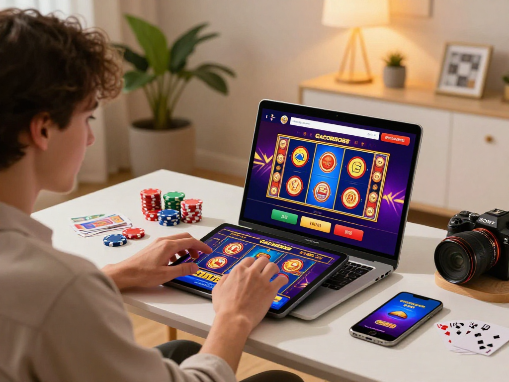 Engaging online gaming scene with gacor slot games displayed on tablet in a cozy atmosphere.