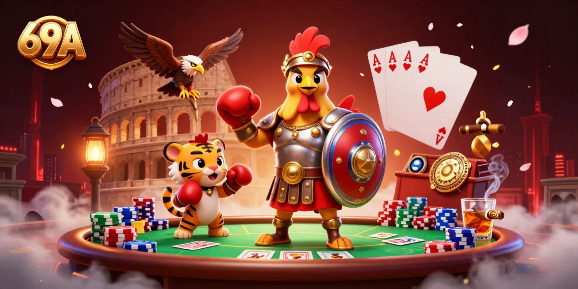 Aposte com 69A, explorando uma cena vibrante de cassino com galo gladiador e tigre em um coliseu.