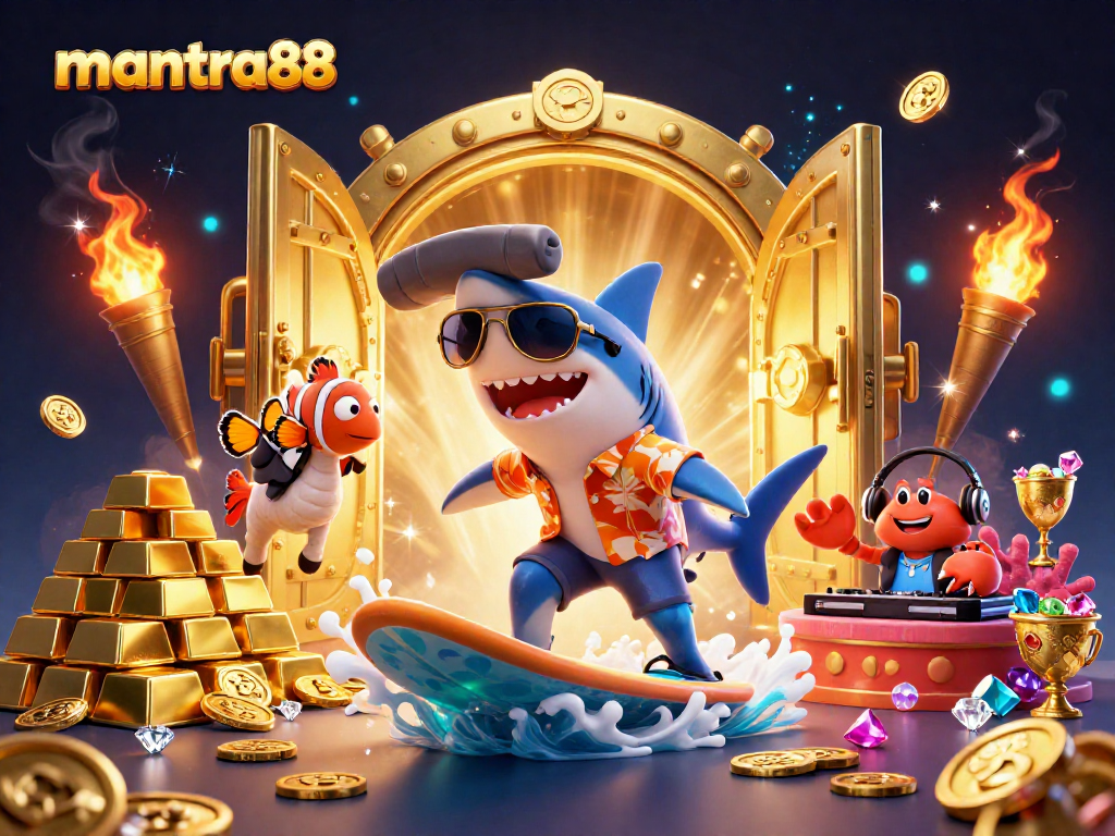 Experience thrilling gameplay at mantra88 with a dynamic 3D illustration capturing a vibrant casino scene.
