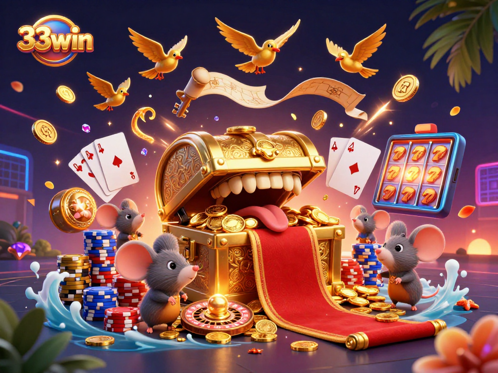 Experience thrilling wins at 33win with a dazzling treasure chest scene and vibrant casino elements.