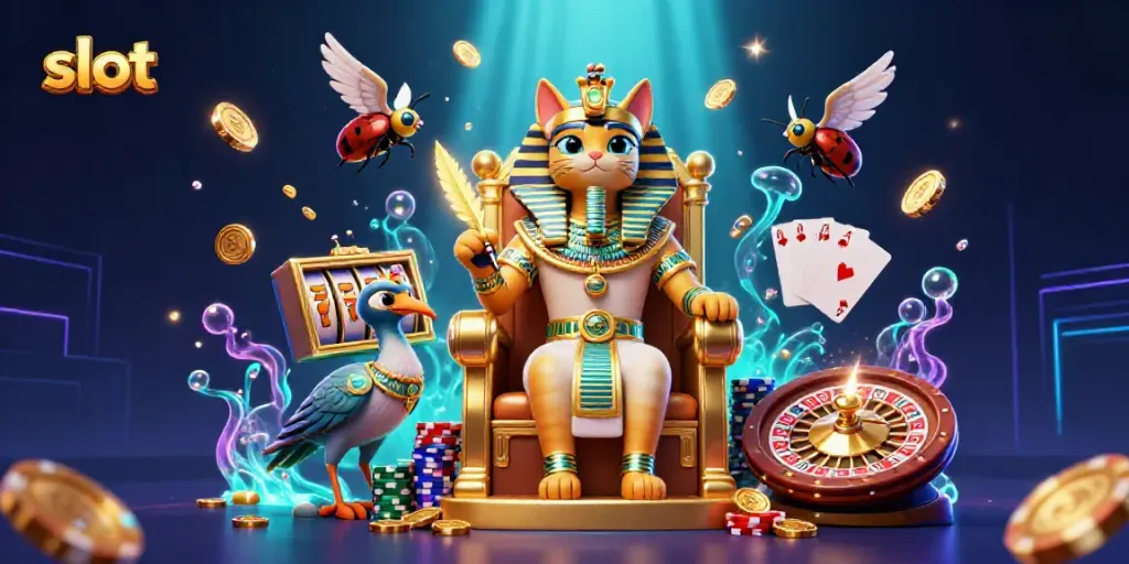 Experience the thrill of slot games with vibrant casino imagery showcasing animated characters and lucky symbols.