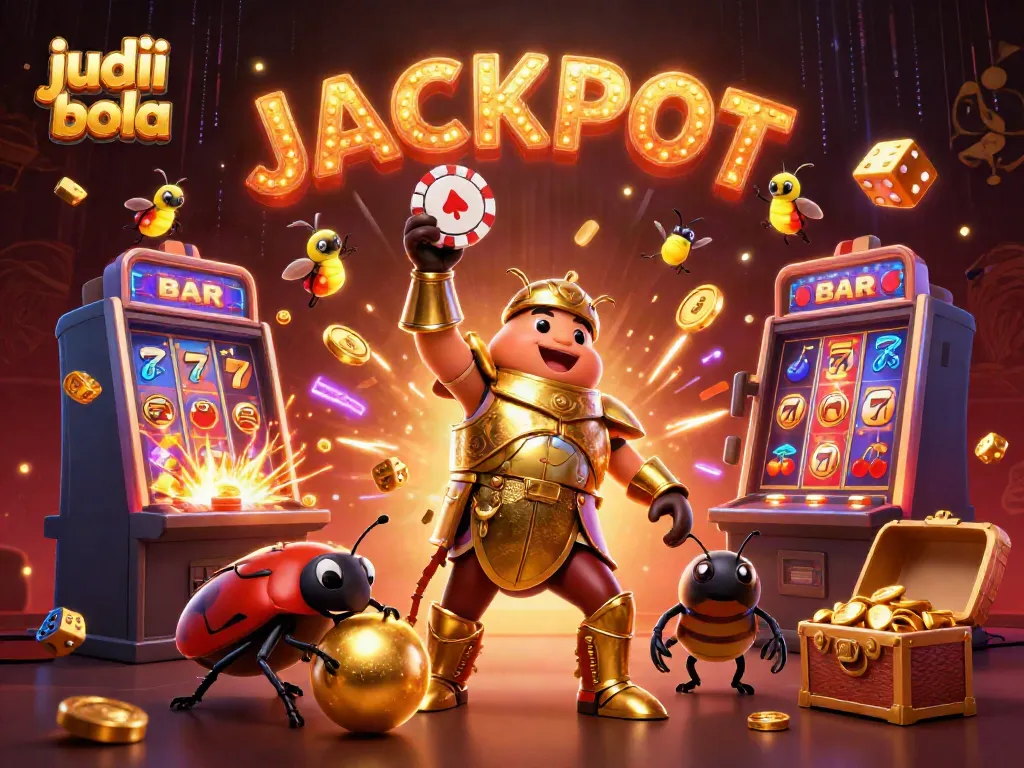 Experience judi bola excitement with a 3D beetle hero and vibrant casino elements in a dynamic scene.