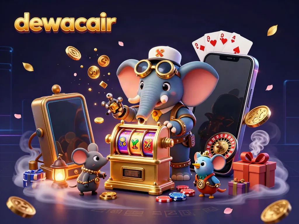 Engaging scene of a steampunk elephant operating a slot machine with brand "dewacair", surrounded by vibrant gaming elements.