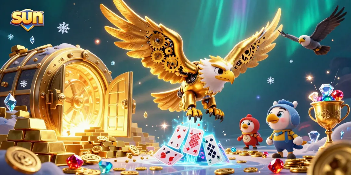 Experience thrilling wins at sun, highlighted by a cybernetic eagle amidst vibrant casino treasures.