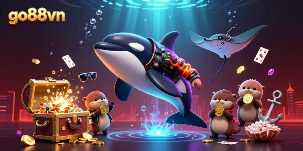 Engage in thrilling online gameplay with go88vn's vibrant casino scene featuring cartoon sea creatures and glimmering treasures.
