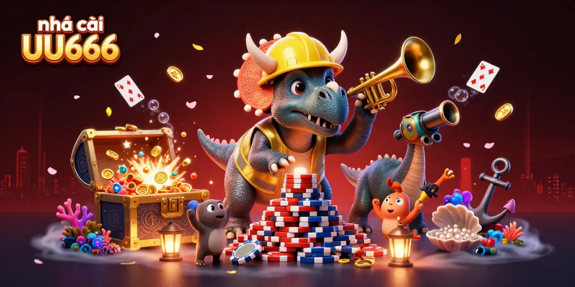 nhà cái UU666 illustration featuring a triceratops and festivities amidst vibrant casino elements and treasures.