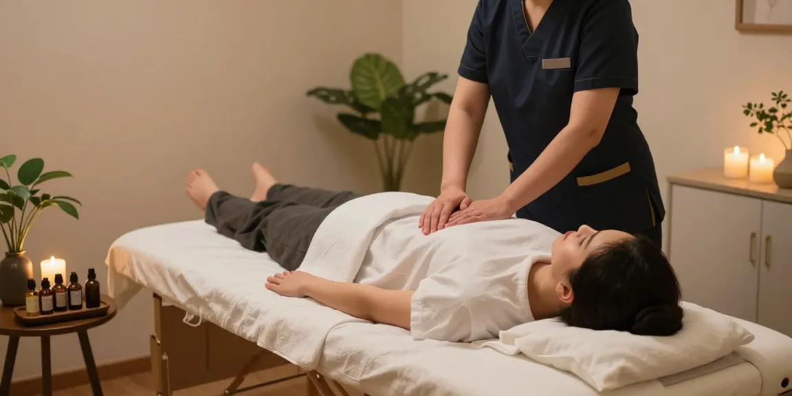 고양출장마사지 session in a serene home setting, featuring a relaxing atmosphere with a professional therapist and calming decor.