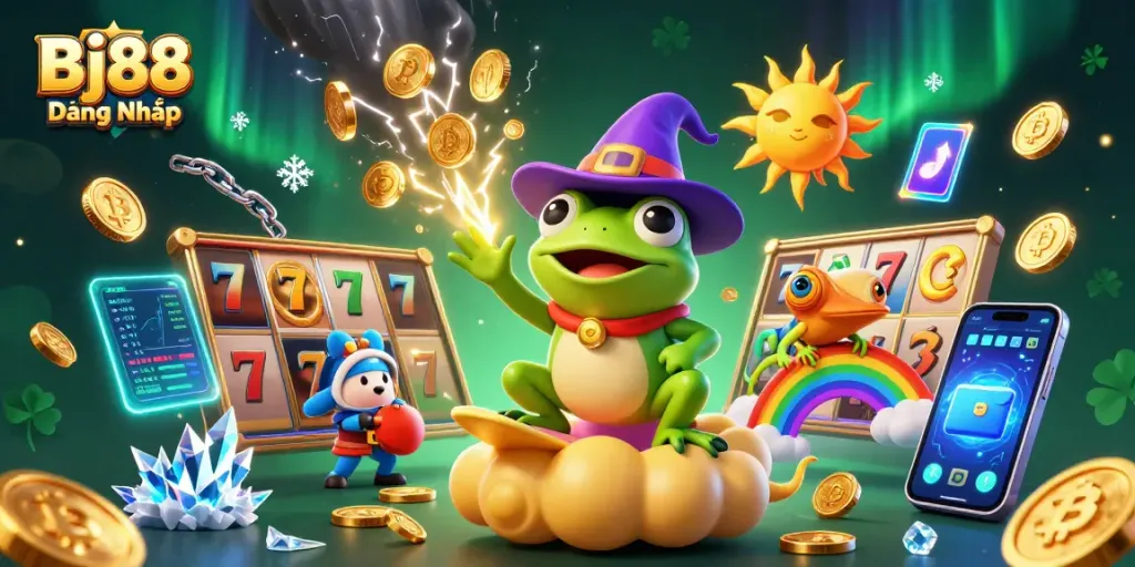 Bj88 Đăng Nhập shows a wizard frog and chameleon in a rich casino scene with golden coins and vibrant elements.