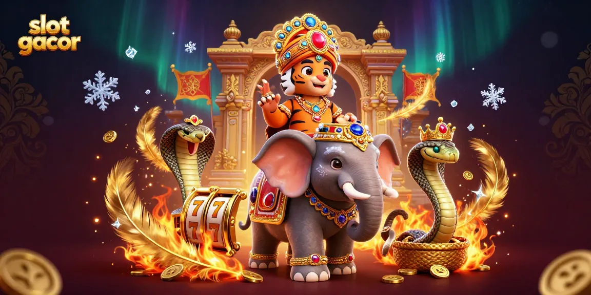Permainan slot gacor yang meriah dengan harimau maharaja dan elefant hiasan mengelilingi koin emas.