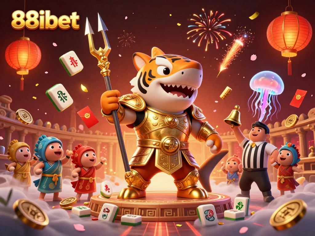 Experience the excitement of 88ibet with a dynamic underwater scene featuring a tiger shark in gladiator armor, trident wielded, and vibrant game elements.