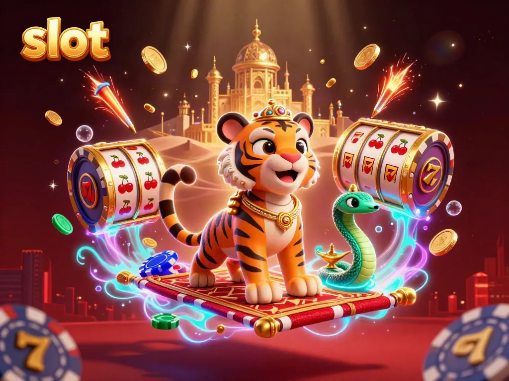 Experience thrilling slot action with a vibrant 3D illustration featuring a sultan and spinning slot reels.
