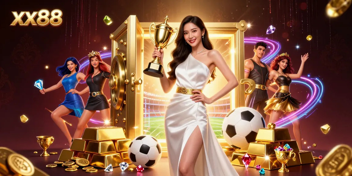 Participate in xx88's winning atmosphere, showcasing luxury and sports betting excitement with trophy and jewels.