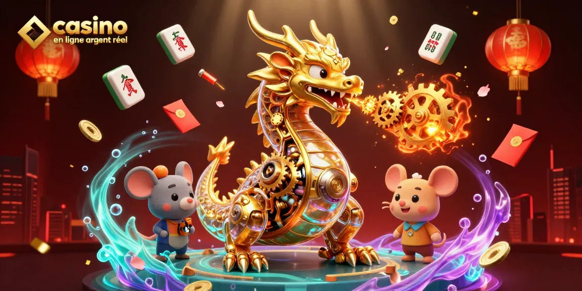 Jouez à des jeux de casino en ligne argent réel avec un dragon doré mécanique et des éléments de jeu dynamiques.
