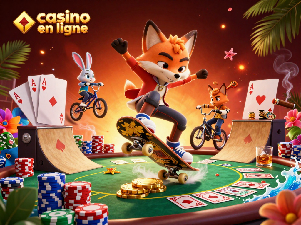 Plongez dans l'excitation du casino en ligne avec un renard skateboard, une ambiance dynamique et des éléments de poker.