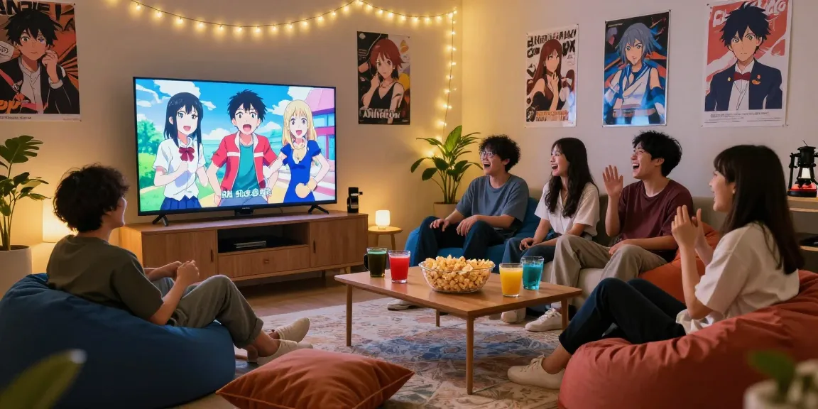 Animehay fans enjoying a lively anime watching session in a cozy living room.