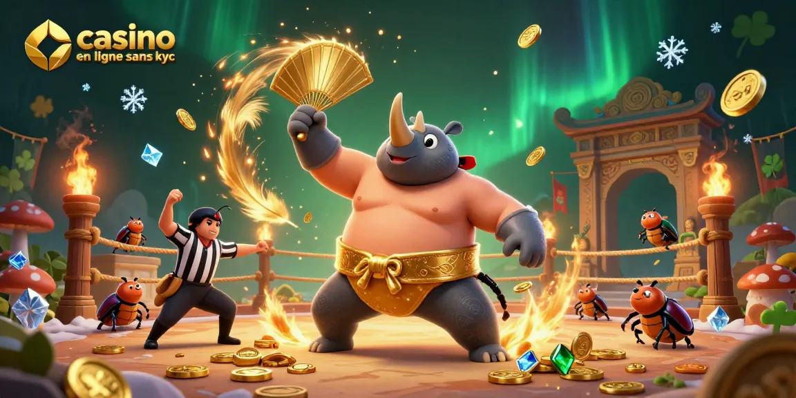 Animation captivante de casino en ligne sans KYC, avec un scarabée sumo et des pièces dorées qui volent.