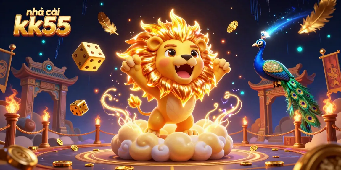 Experience thrilling gaming at nhà cái kk55 with vibrant illustrations of golden dice, a sun lion, and immersive casino elements.