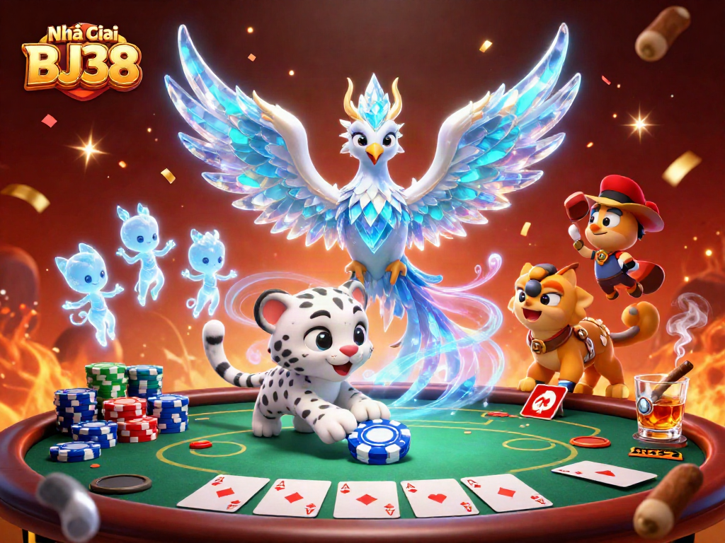 Engage with Nhà cái BJ38 as a lively 3D illustration showcasing an ice phoenix, poker chip action, and casino elements.