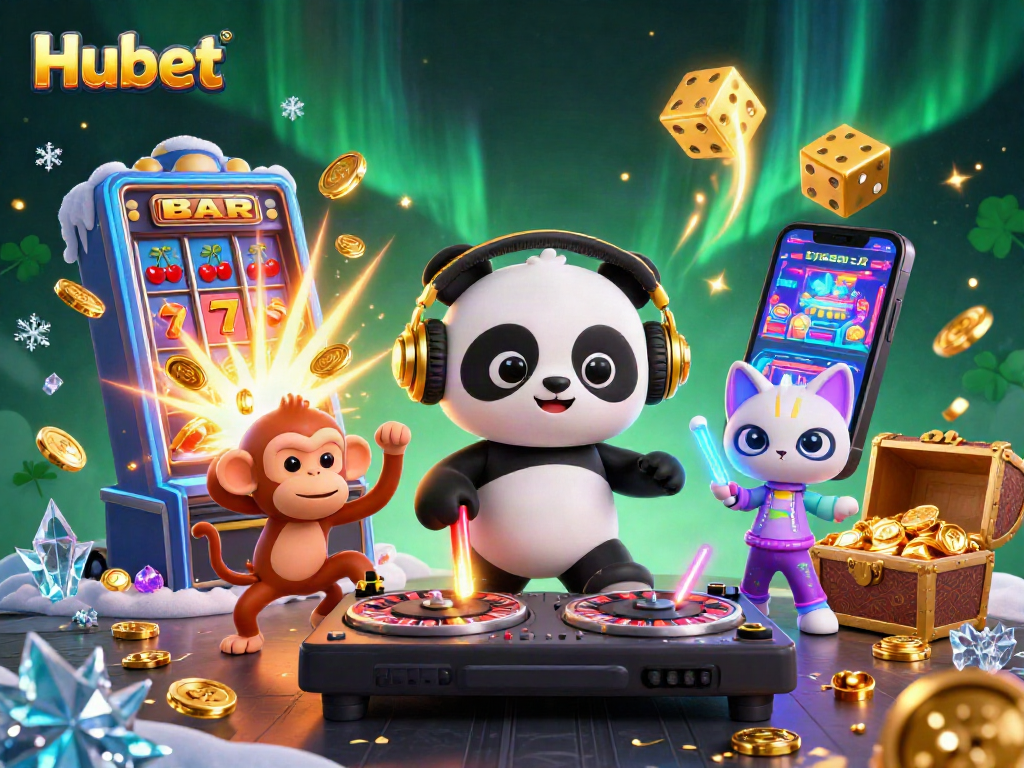 Experience the vibrant Hubet casino scene with the DJ panda and dynamic gaming elements around.