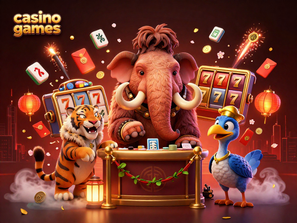 Experience thrilling casino games with a woolly mammoth bouncer and VIP guests in this dynamic illustration.