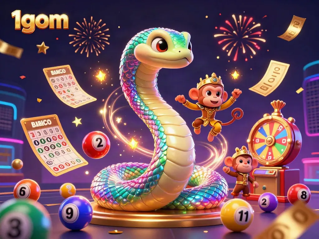 Engaging 1gom illustration capturing vibrant casino elements with a playful monkey king and a rainbow serpent.